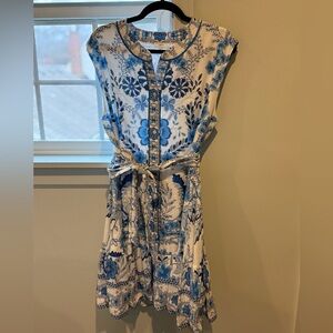 A Loves A Blue and White linen dress with sash size L